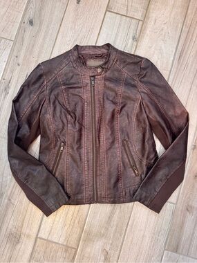 Maurices Brown Leather Moto Jacket with Zipper Pockets